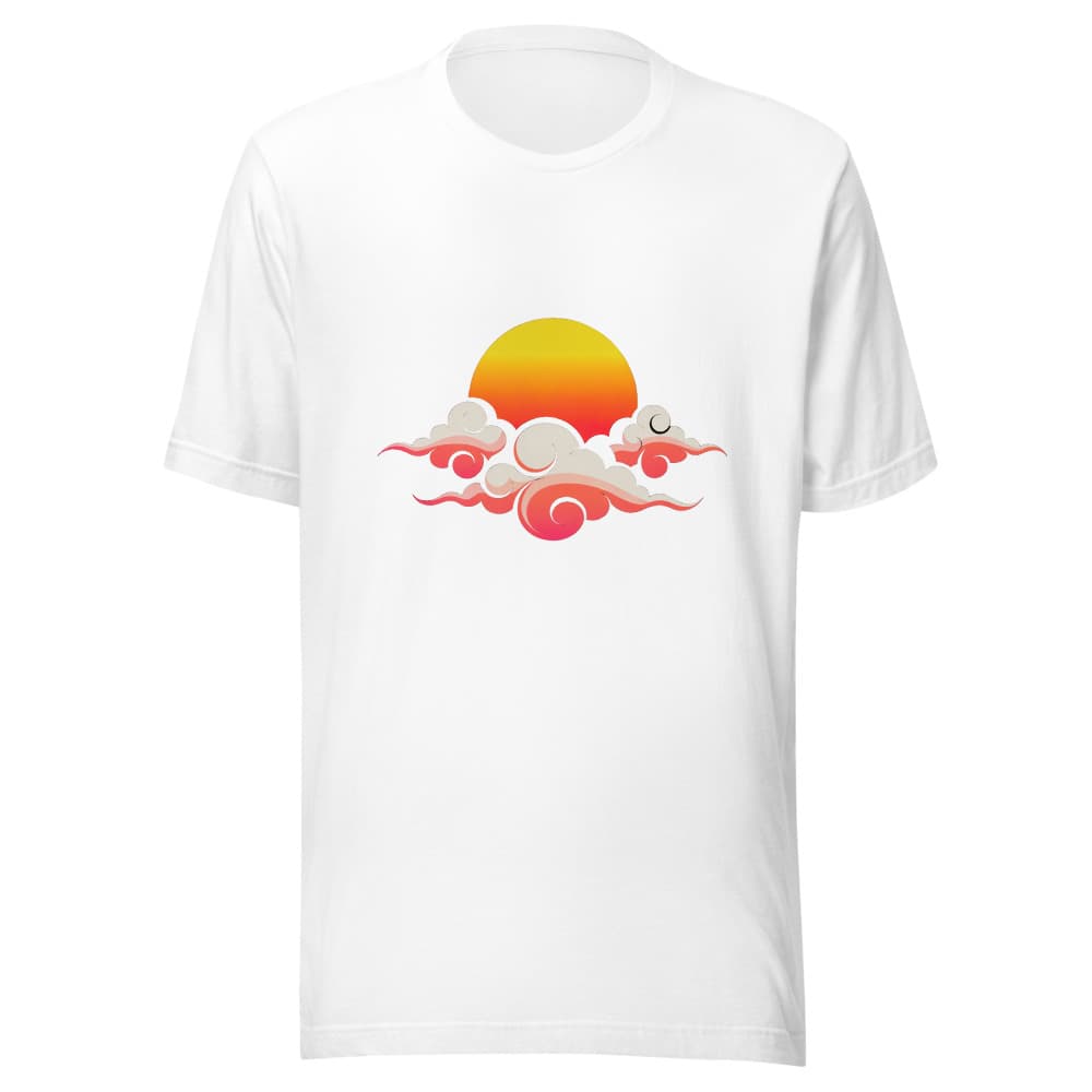 The chosen sunrise design printed on the white tee