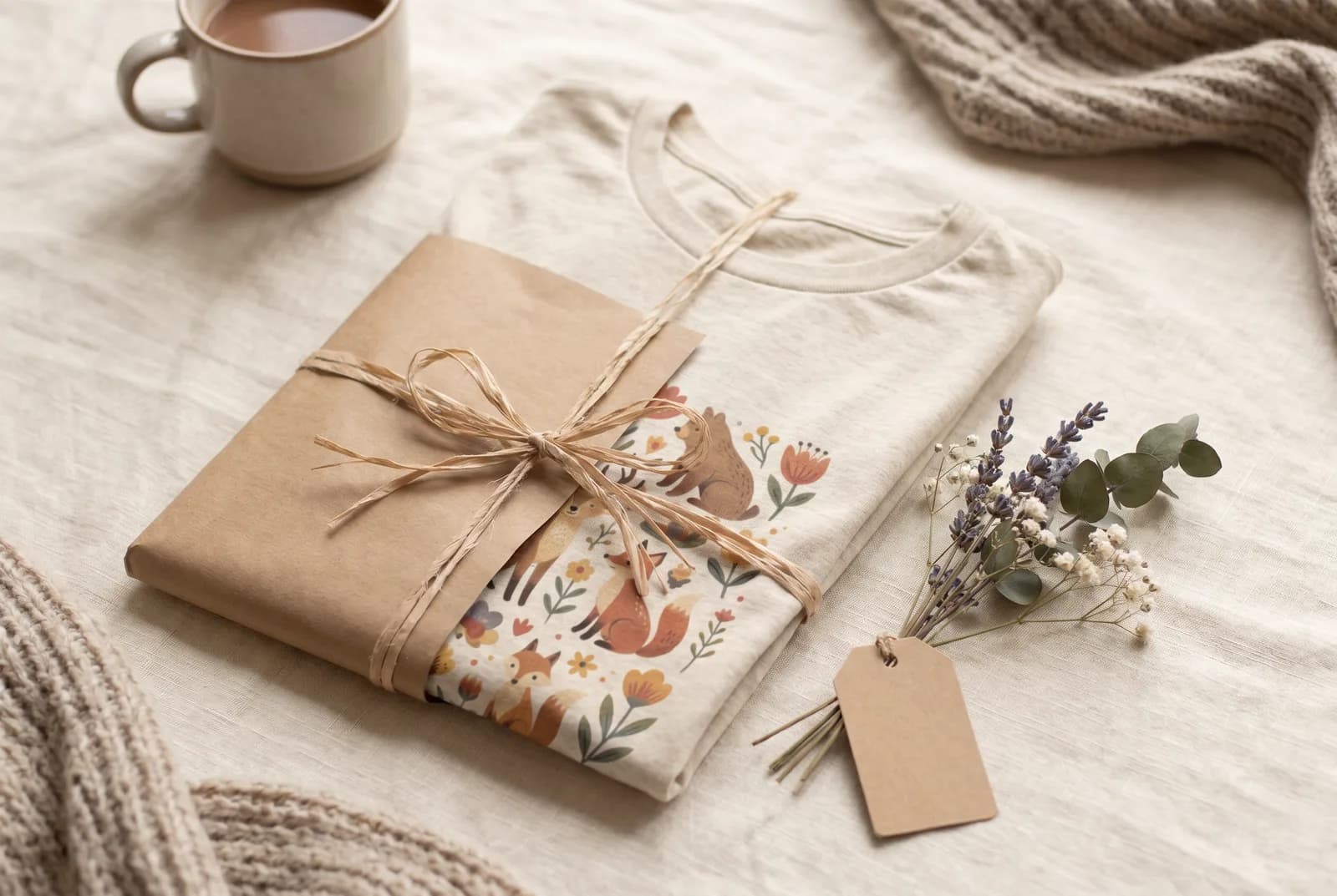 A folded t-shirt with a charming graphic, partly wrapped in kraft paper with a ribbon and gift tag