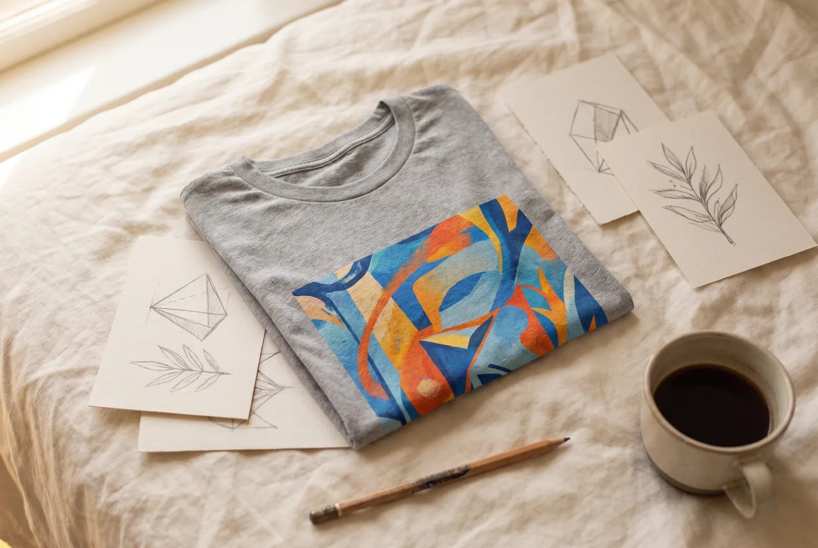 A folded printed t-shirt surrounded by design-idea cards on a warm cream flat-lay