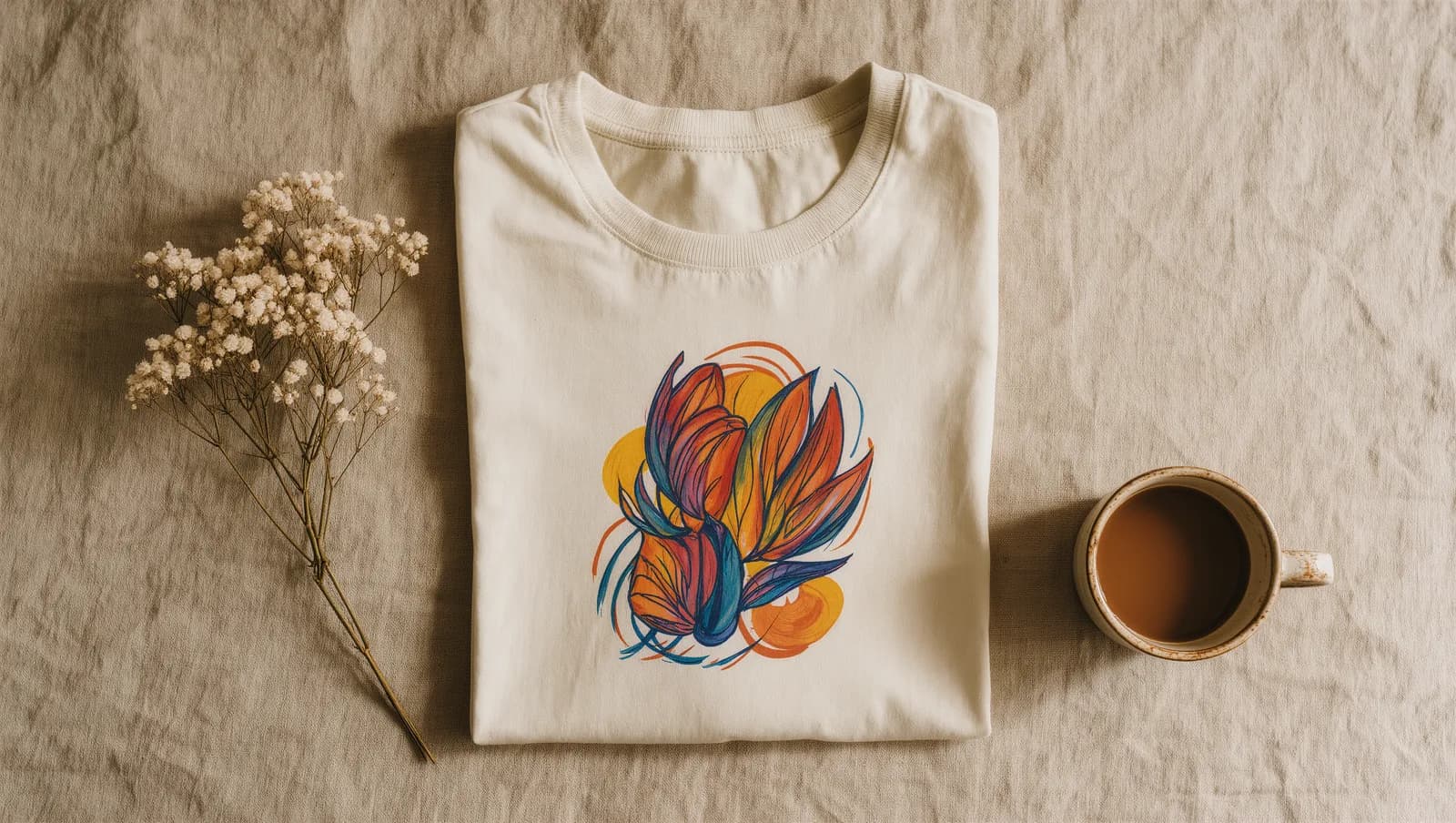 A folded cream t-shirt with a colorful AI-generated graphic, styled as a warm flat-lay