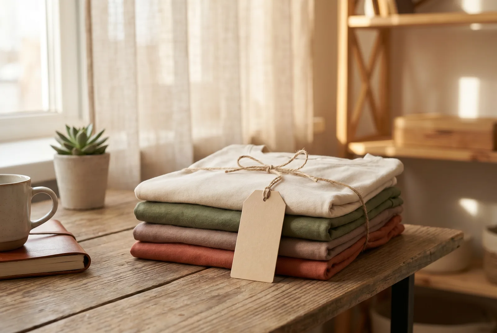 A small stack of coordinated premium t-shirts with a blank hang tag, an indie clothing brand's first collection