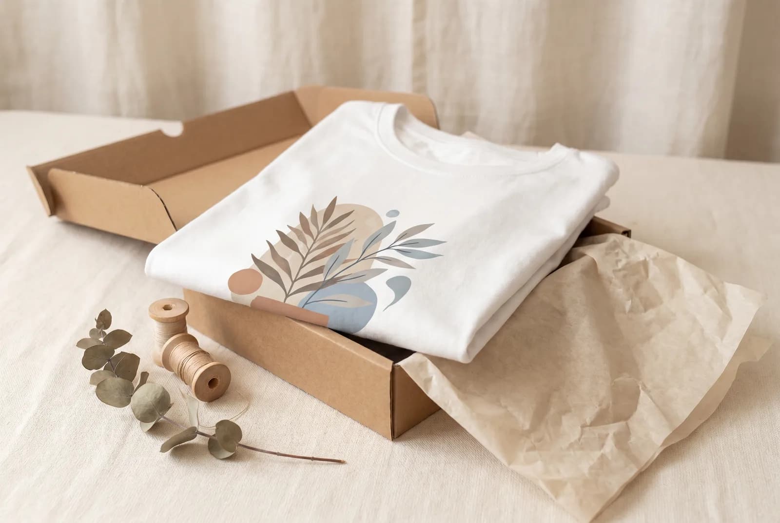 A freshly printed white t-shirt folded on a kraft shipping box, warm cream flat-lay